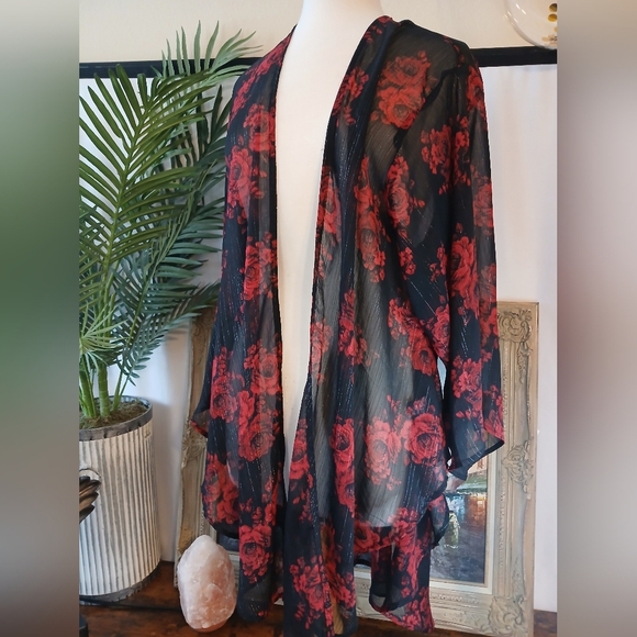 Torrid ROSE Black and Red Chiffon Floral Kimono One Size Xl- 1 X - Picture 3 of 6